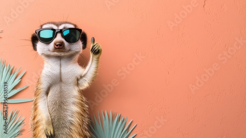 A stylish meerkat wearing sunglasses gives a thumbs up against a vibrant orange background, perfect for fun and quirky themes.