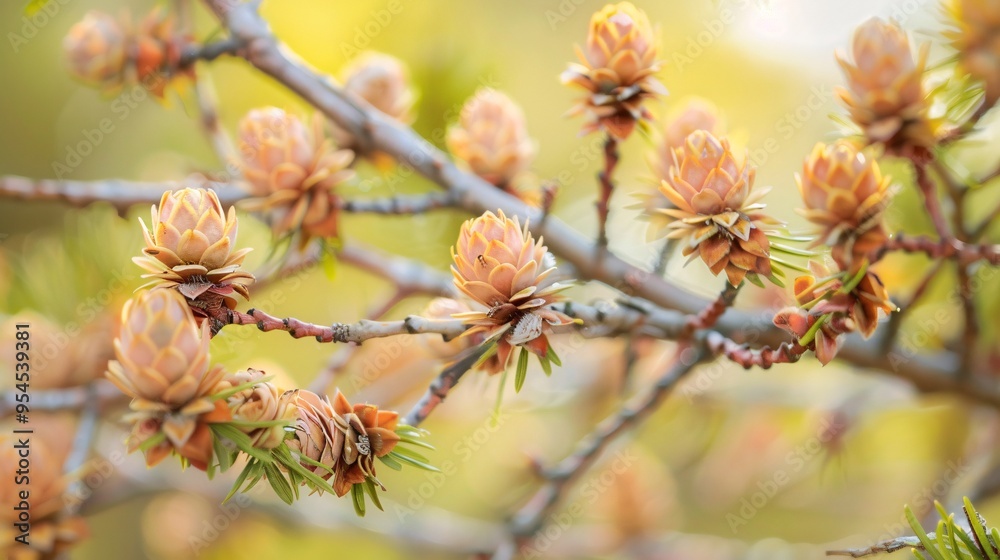 07231249 343. Soft focus image of Larix Decidua branch with light brown cones and opening buds, capturing the serene beauty of the larch tree for seasonal design 07231249 343. Soft focus image of Larix Decidua branch with light brown cones and opening buds, capturing the serene beauty of the larch tree for seasonal design