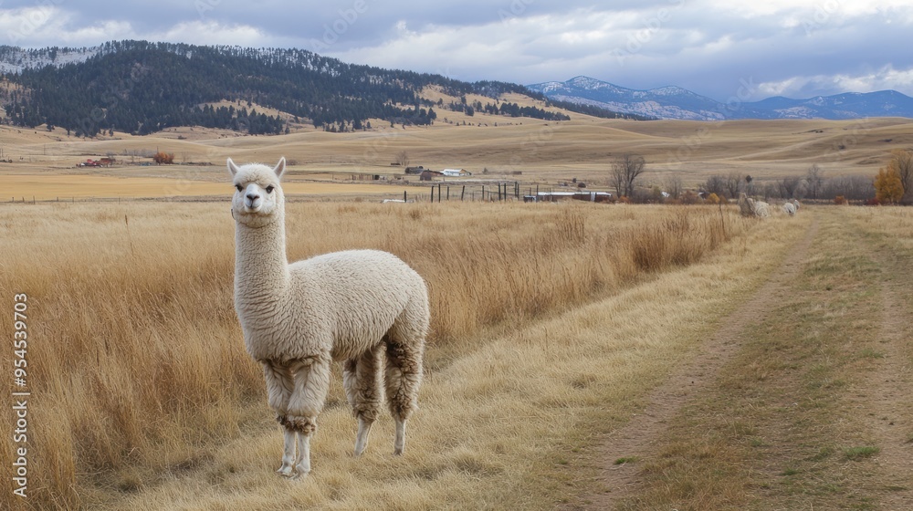 Fototapeta premium Alpaca in a Field with Mountains in the Background