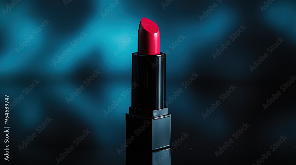 High-definition close-up product photo of a designer lipstick standing on a reflective black surface, with modern lighting highlighting the vibrant color and elegant design. High-definition close-up product photo of a designer lipstick standing on a reflective black surface, with modern lighting highlighting the vibrant color and elegant design.