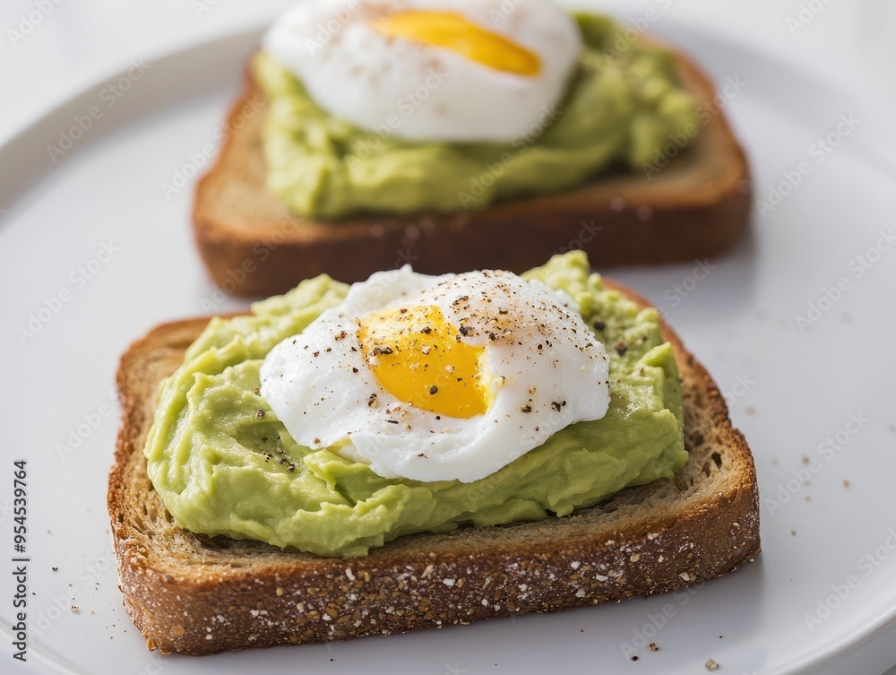 Delicious avocado toast topped with poached egg, perfect for a healthy breakfast or brunch. Delicious avocado toast topped with poached egg, perfect for a healthy breakfast or brunch.