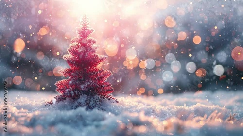 Red Christmas Tree in Snowy Landscape with Bokeh Lights