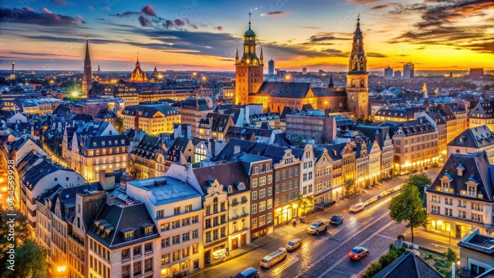Fototapeta premium The Evening European cityscape with illuminated buildings and bustling streets , Europe, evening, cityscape, buildings