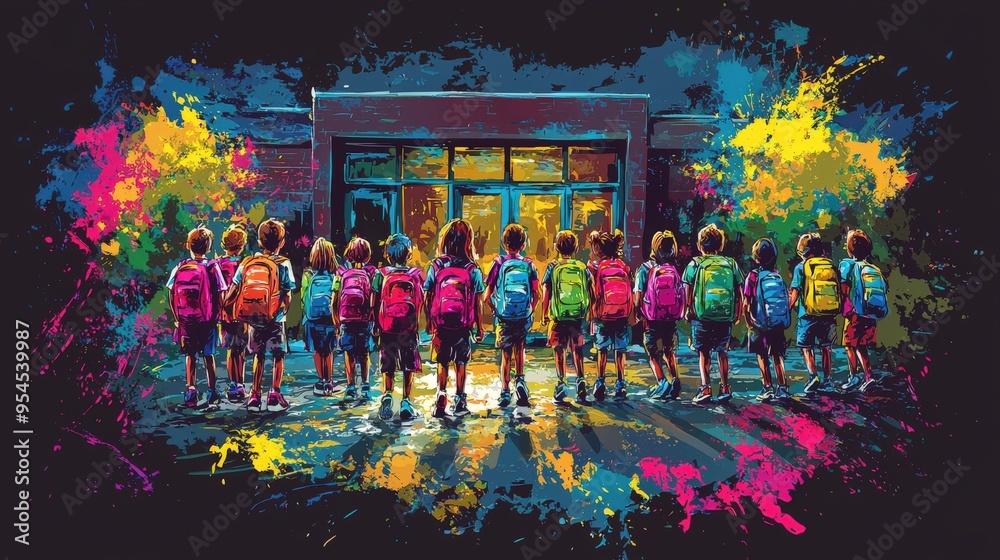 Fototapeta premium First-day-of-school photo with children lining up at the school gate, excited faces, colorful backpacks, welcoming school environment, early morning light, ample copy space Watercolor Illustration