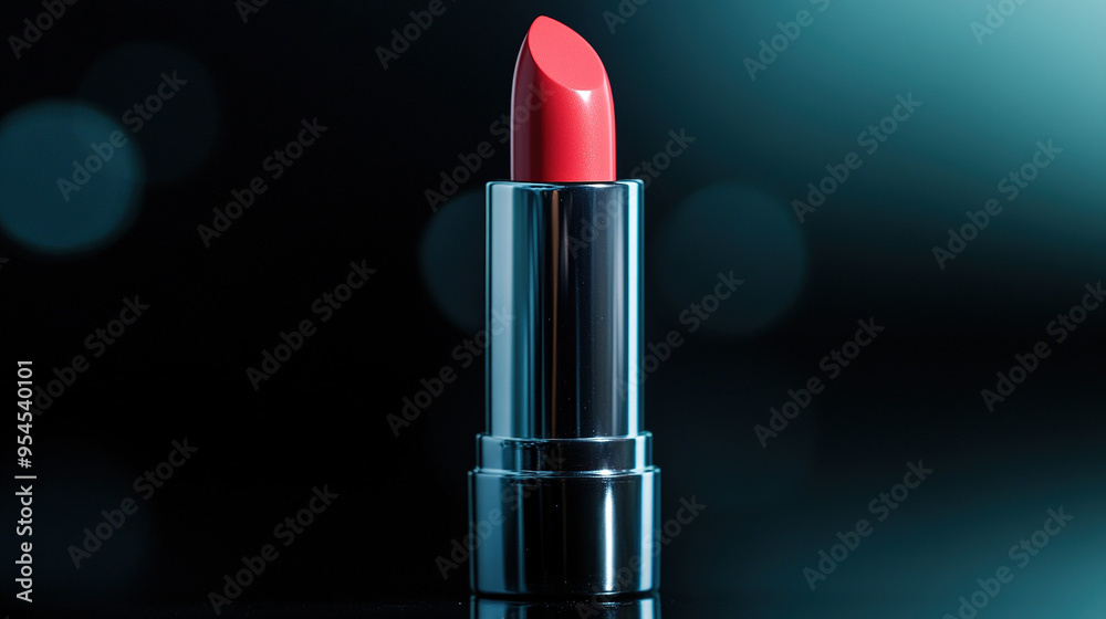High-definition close-up product photo of a designer lipstick standing on a reflective black surface, with modern lighting highlighting the vibrant color and elegant design. High-definition close-up product photo of a designer lipstick standing on a reflective black surface, with modern lighting highlighting the vibrant color and elegant design.
