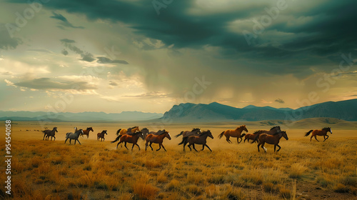 A herd of wild horses running free across the open plains, with a dramatic sky and distant mountains.