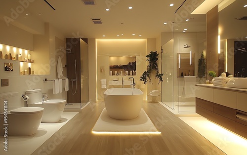 design a stylish bathroom with integrated safety features, like motionsensor lighting and easytoreach controls, for a secure and healthy environment photo