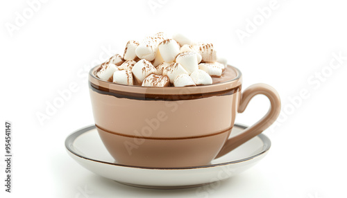 Cup of delicious hot chocolate with marshmallows isolated on white