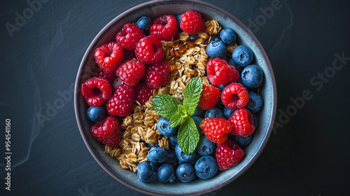 A flat lay of a bowl of mixed berries, including blueberries, raspberries, and strawberries, 