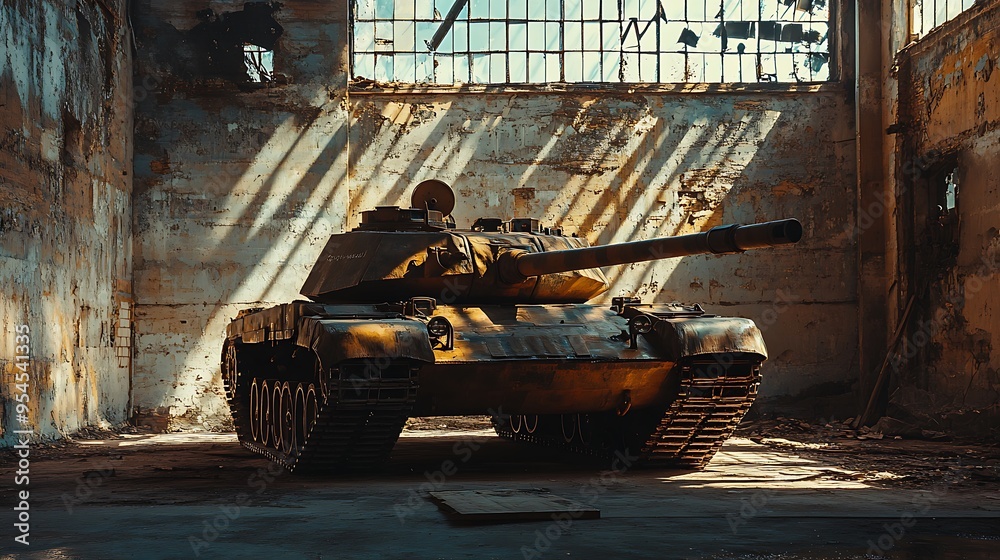Fototapeta premium Stealth Tank Maneuvering at Military Base: Angular Design in Sunlight