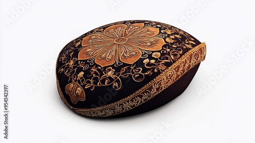 A decorative embroidered cushion featuring floral designs and intricate patterns.