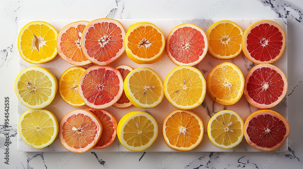 A flat lay of halved and quartered oranges, grapefruits, and lemons arranged in a gradient pattern on a marble countertop. The bright citrus colors create a refreshing look. A flat lay of halved and quartered oranges, grapefruits, and lemons arranged in a gradient pattern on a marble countertop. The bright citrus colors create a refreshing look.