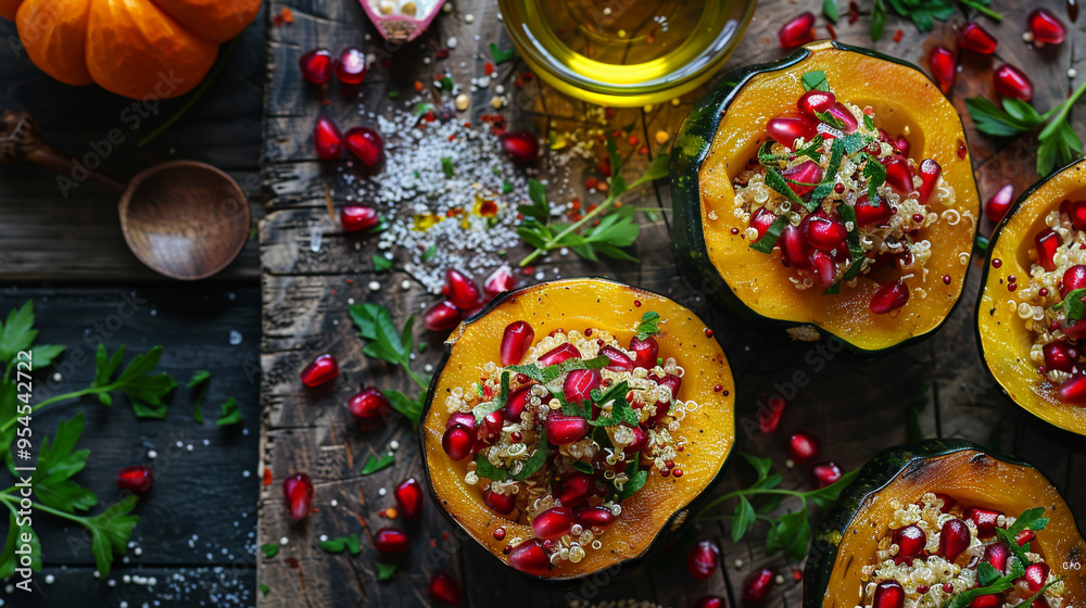 A flat lay of halved baked acorn squash filled with quinoa and pomegranate seeds, arranged on a rustic wooden table with a drizzle of olive oil. A flat lay of halved baked acorn squash filled with quinoa and pomegranate seeds, arranged on a rustic wooden table with a drizzle of olive oil.