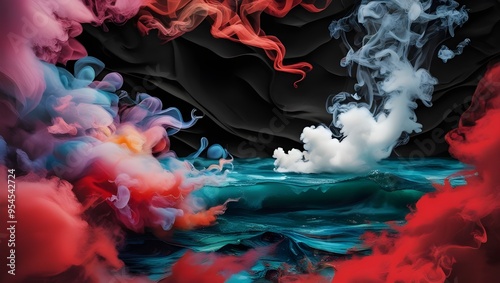 Black and Red Ink Background, Colorful Fog, Abstract Swirling Ocean, Acrylic Paint Pigment Underwater, White Smoke