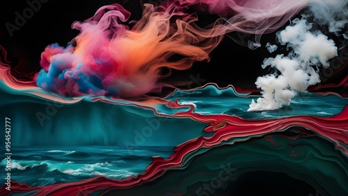 Black and Red Ink Background, Colorful Fog, Abstract Swirling Ocean, Acrylic Paint Pigment Underwater, White Smoke