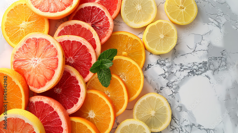 A flat lay of sliced oranges, grapefruits, and lemons arranged in a gradient pattern on a marble countertop, with a few mint leaves scattered for garnish. A flat lay of sliced oranges, grapefruits, and lemons arranged in a gradient pattern on a marble countertop, with a few mint leaves scattered for garnish.