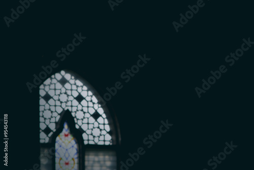 DARK BLURRED WINDOW INTERIOR BACKGROUND, NIGHT ILLUMINATED INTERIOR ROOM, BRIGHT DESIGN
