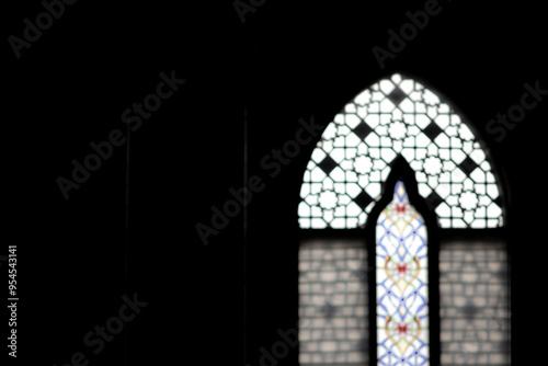 DARK BLURRED WINDOW INTERIOR BACKGROUND, NIGHT ILLUMINATED INTERIOR ROOM, BRIGHT DESIGN
