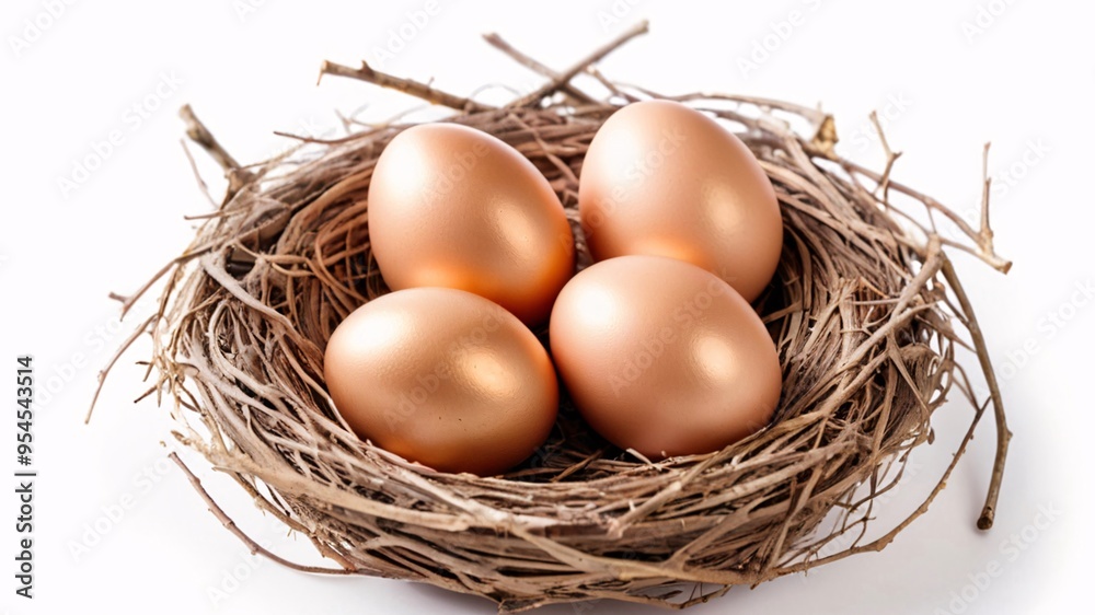 Four eggs in a brown nest on white background. Four eggs in a brown nest on white background.