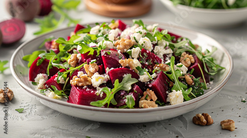 A shot of a deep red beetroot salad with crumbled goat cheese, arugula, and toasted walnuts, served in a white bowl. The earthy beets stand out against the fresh greens and creamy cheese.