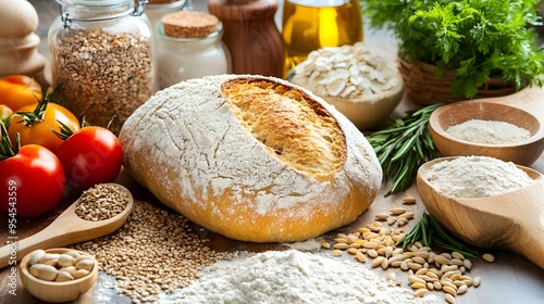 Freshly Baked Multigrain Bread Loaf with Healthy Ingredients in Rustic Farmhouse Kitchen