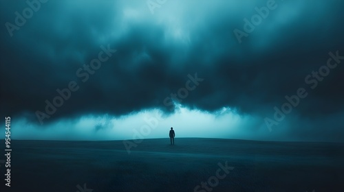 Ominous Storm Clouds Loom Over Solitary Figure in Dramatic Landscape