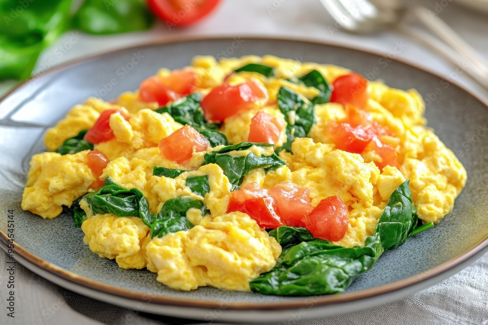 Scrambled eggs with fresh spinach and diced tomatoes on a rustic plate, perfect for a healthy breakfast. Scrambled eggs with fresh spinach and diced tomatoes on a rustic plate, perfect for a healthy breakfast.