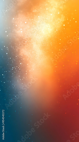 Abstract background with blue, orange, and white gradient, and scattered sparkling particles.