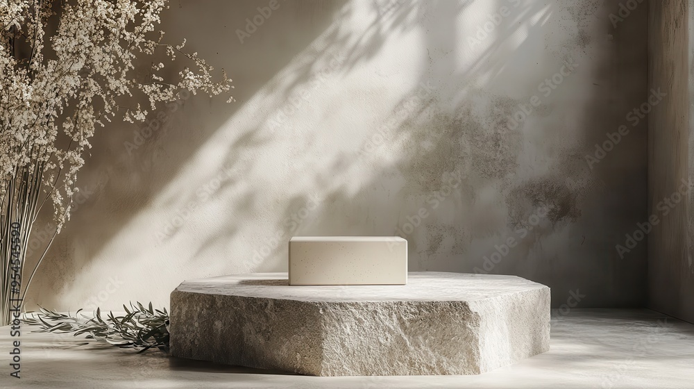 Minimalist gray cubic box placed on a hexagonal sandstone podium with a rough texture, The professional photoshoot setup for product display Minimalist gray cubic box placed on a hexagonal sandstone podium with a rough texture, The professional photoshoot setup for product display