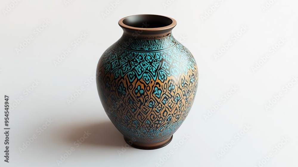 A decorative vase with intricate turquoise and brown patterns, showcasing artistic craftsmanship. A decorative vase with intricate turquoise and brown patterns, showcasing artistic craftsmanship.