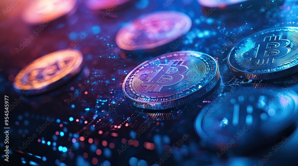 Futuristic Digital Cryptocurrency with Glowing Coins: Advanced Digital Cryptocurrency Concept Featuring Glowing Coins and Network Connections, Representing Modern Finance Futuristic Digital Cryptocurrency with Glowing Coins: Advanced Digital Cryptocurrency Concept Featuring Glowing Coins and Network Connections, Representing Modern Finance