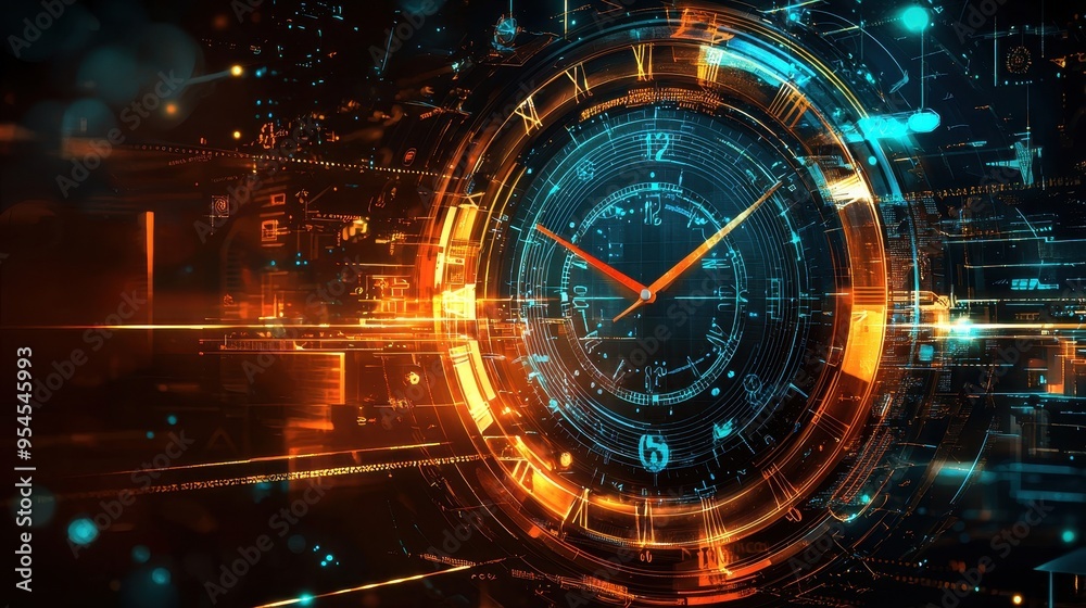 Obraz premium A futuristic clock design with vibrant colors and intricate digital elements, representing the concept of time technology.