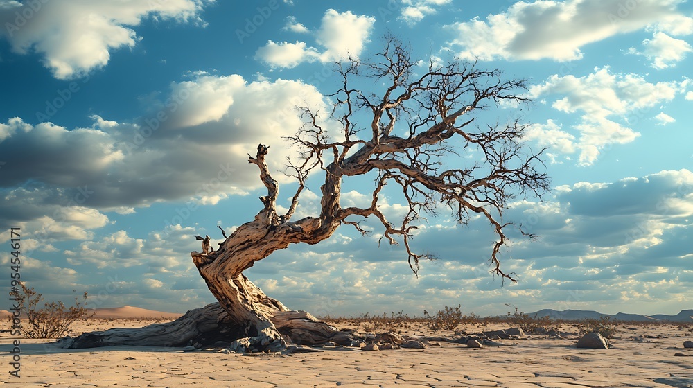A gnarled, dead tree stands tall against a backdrop of fluffy clouds and a cracked, arid desert landscape. A gnarled, dead tree stands tall against a backdrop of fluffy clouds and a cracked, arid desert landscape.