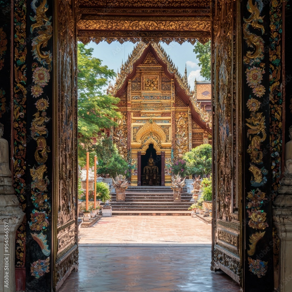 Fototapeta premium Ornate Golden Temple Doors with Intricate Carvings in Thailand