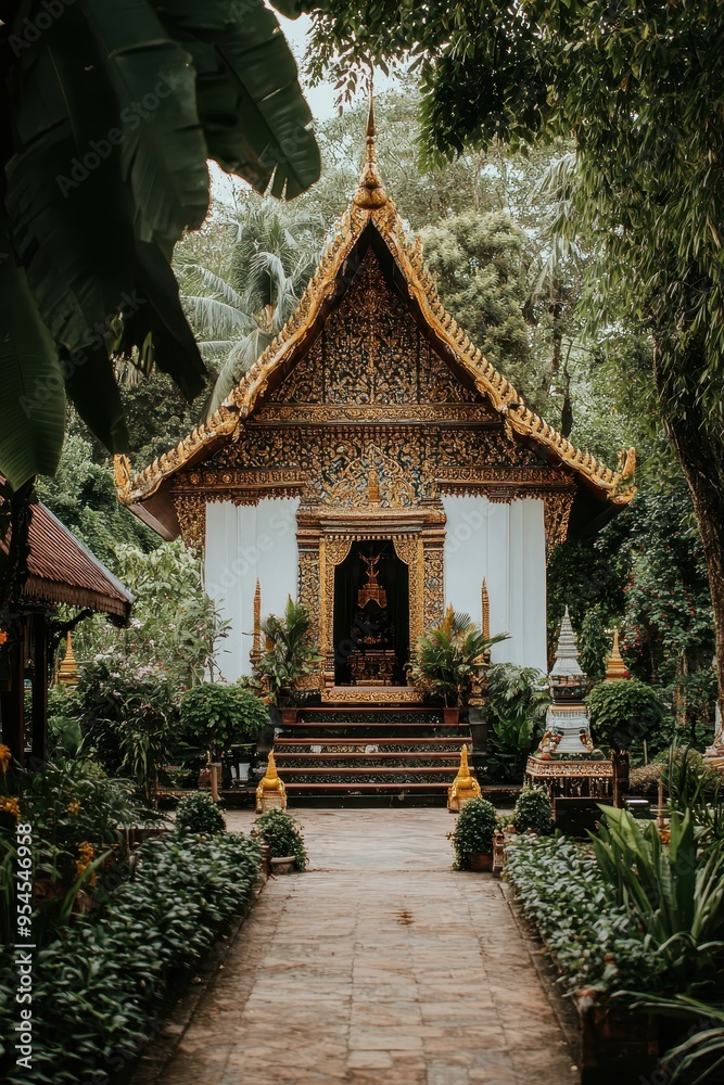 Golden Temple in Tropical Garden with Stone Pathway