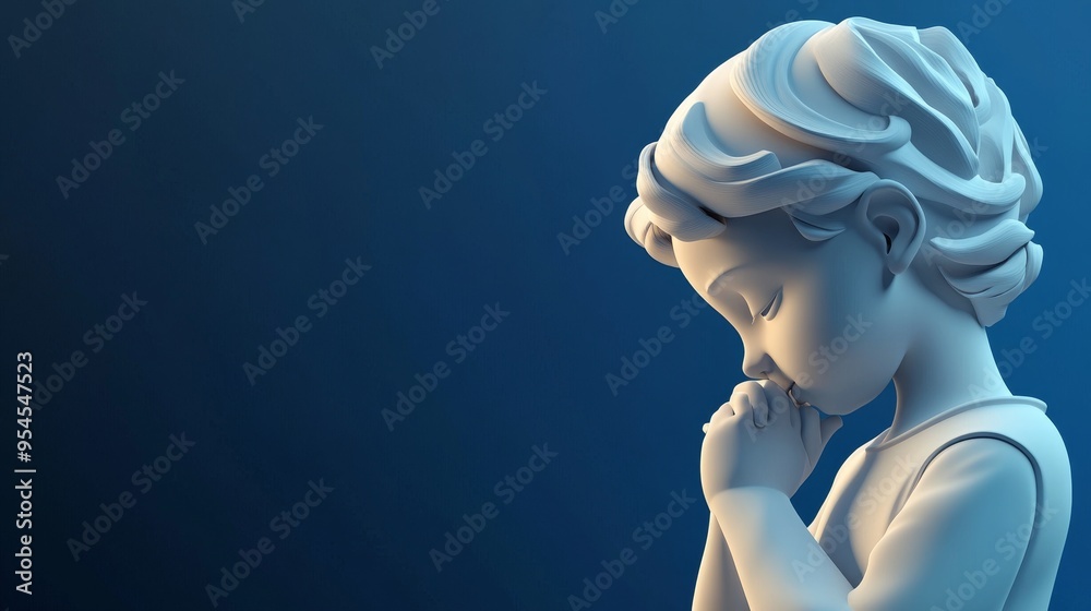 A serene sculpture of a child in prayer, capturing innocence and tranquility against a calming blue background. A serene sculpture of a child in prayer, capturing innocence and tranquility against a calming blue background.