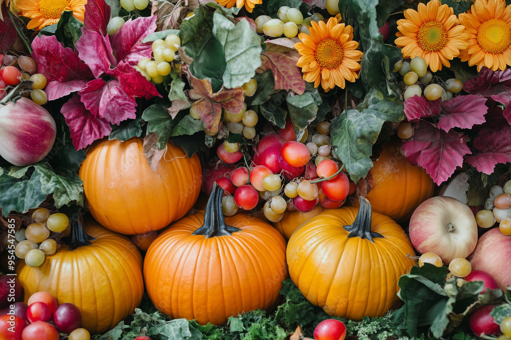Autumn background with beautiful thanksgiving decorating. Pumpkins with fruits, flowers, vegetables and leaves Autumn background with beautiful thanksgiving decorating. Pumpkins with fruits, flowers, vegetables and leaves