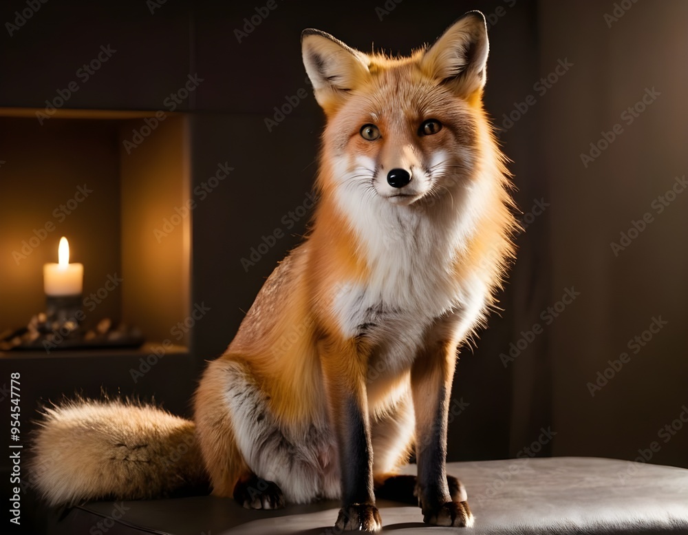 Fototapeta premium A red fox sitting gracefully against a neutral background, showcasing its striking fur
