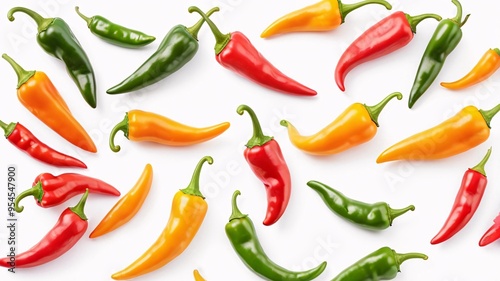 Colorful chili peppers arranged on a white background.