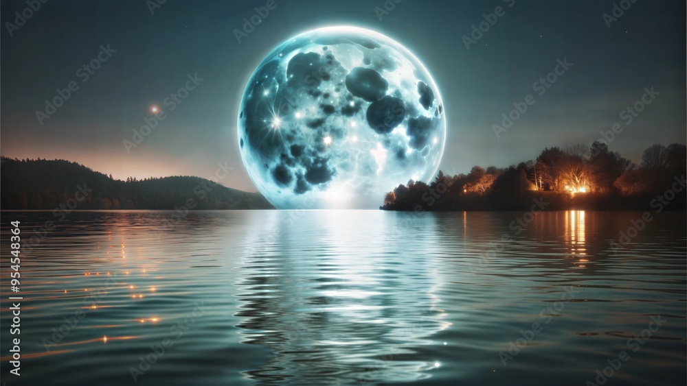 full blue moon over cold night water.