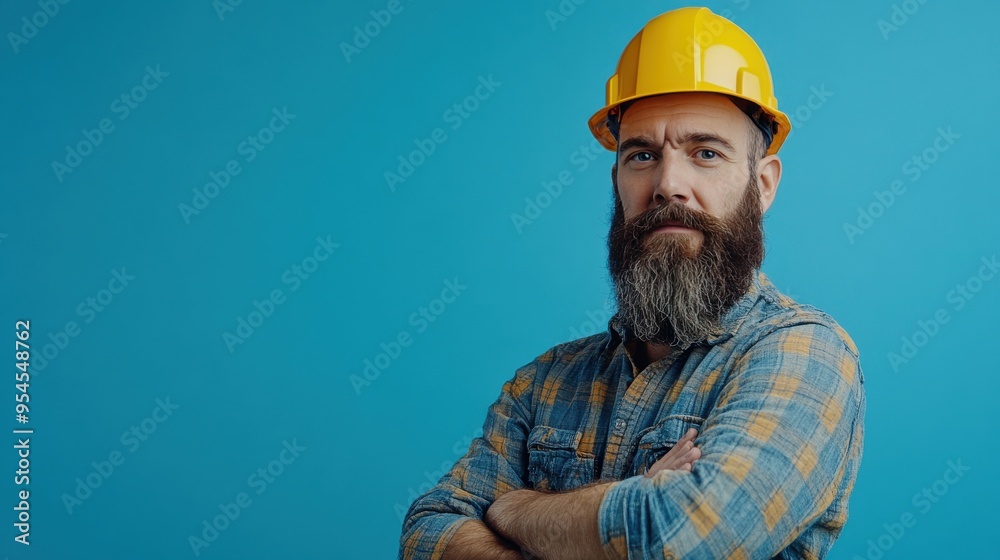 Portrait of a funny bearded man, possibly a builder, designer, or architect, wearing professional equipment Portrait of a funny bearded man, possibly a builder, designer, or architect, wearing professional equipment