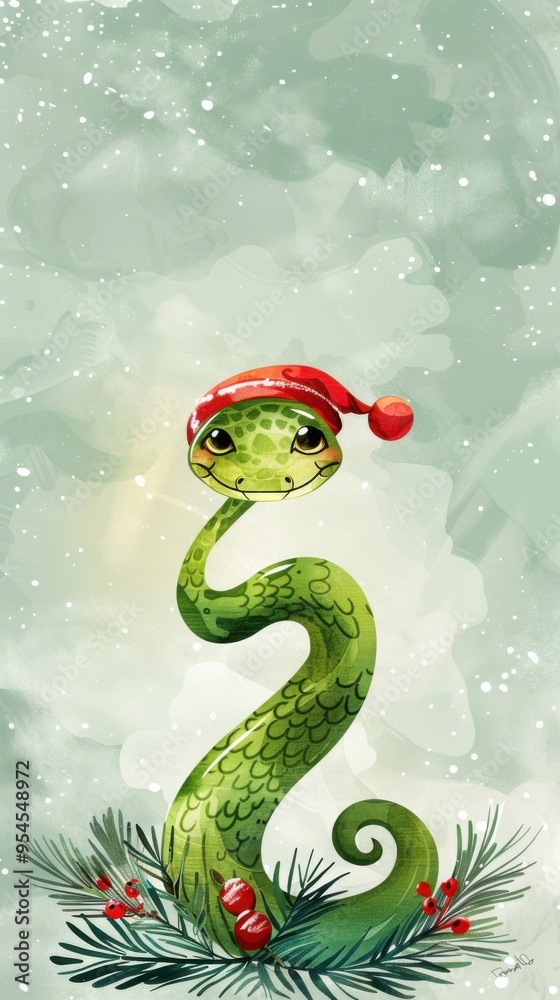Fototapeta premium green snake on winter background. symbol of lunar year 2025. Marry Christmas and happy New Year.