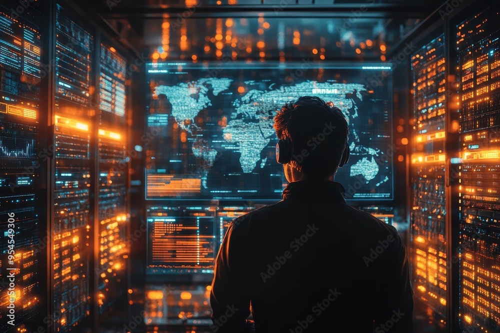 A tech worker in a server room with global data displayed on screens, representing America's influence in the global tech industry A tech worker in a server room with global data displayed on screens, representing America's influence in the global tech industry