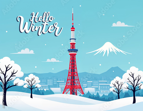 Winters blue background featuring 'Hello Winter trees covered in snow, and the Tokyo Tower in Japan.