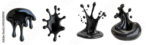 Black Liquid Splashes, Glossy fluid motion isolated on white, Dynamic abstract forms