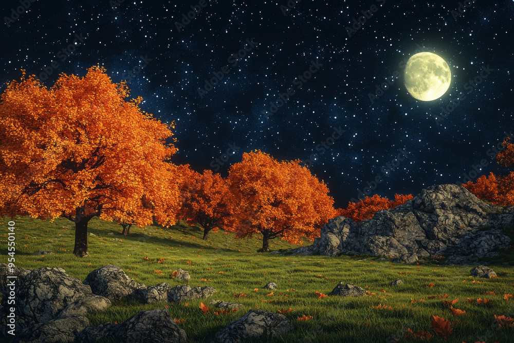 Fototapeta premium A serene landscape featuring vibrant autumn trees under a starry sky illuminated by a bright moon.