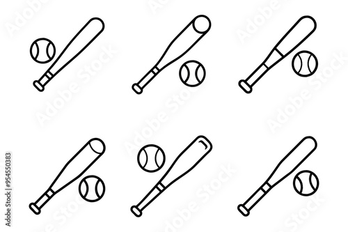 Baseball bat and baseball ball icon in thin line style. American ethnic culture element, traditional symbol. Sport ball outline drawing.