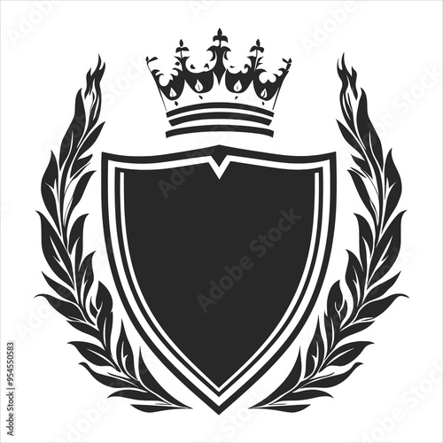 A black and white heraldic shield with a crown and laurel wreath