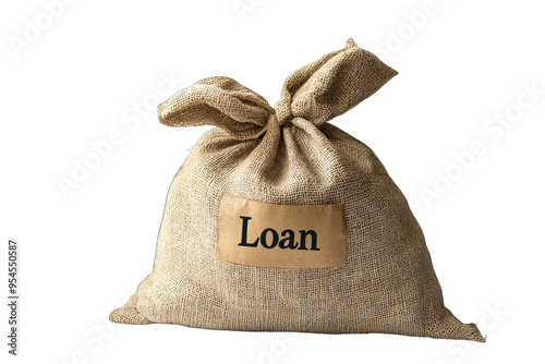 A rustic burlap sack labeled with the word 'Loan', representing finance, borrowing, and monetary concepts.