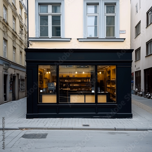 Shop front mockup, small store facade template for branding and business presentation, view of big window in European street